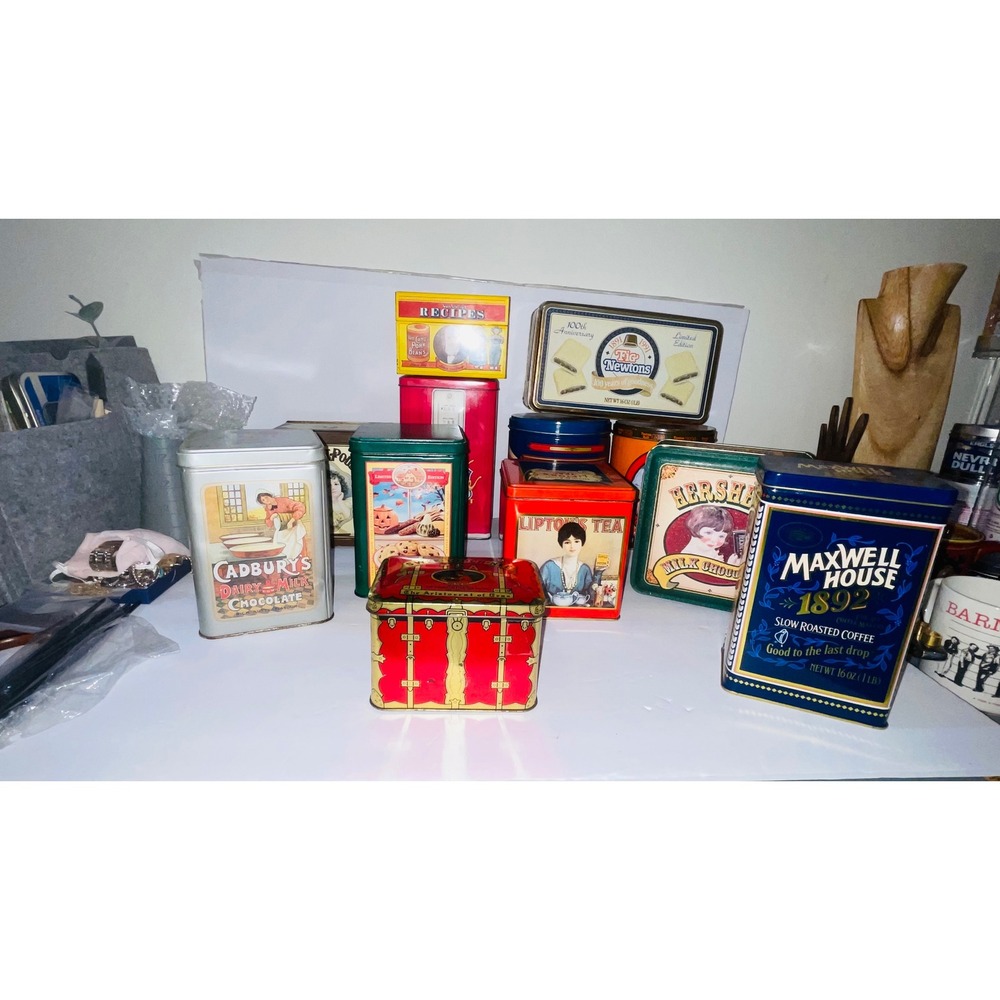VTG Advertising Tin Lot Collection Hershey Cadbury Planters Fig Newtons Lipton